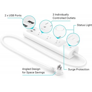 Kasa Smart Plug Power Strip , Surge Protector with 6 Individually Controlled Smart Outlets and 3 USB Ports, Works with Alexa & Google Home, No Hub Required , White