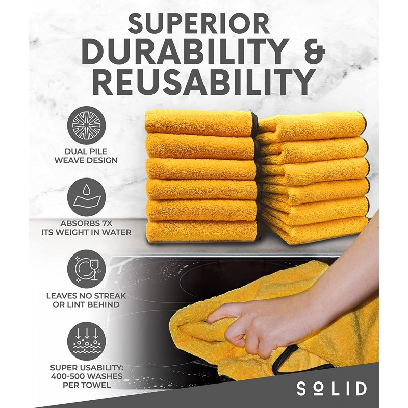 Solid Multipurpose Plush Microfiber Cleaning Cloth - Cleaning Towel for Household, Car Washing, Drying & Auto Detailing - 12 x 12 (Yellow, 12)