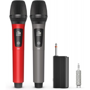 HMKCH Wireless Microphone, Dual UHF Metal Rechargeable Handheld Dynamic Cordless Mic, Karaoke Microphone with Receiver, 6.35mm (1/4") Output, 3.5mm (1/8") Adapter, 160 ft Range, for Party, DJ, Meeting