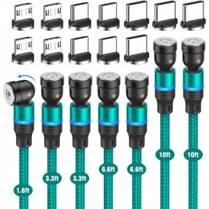 Terasako Magnetic Charging Cable 4-Pack [1ft/3ft/6ft/6ft], 360° Rotating Magnetic Phone Charger Cable with LED Light, 90° Angle Connector, Nylon-Braided Cords 